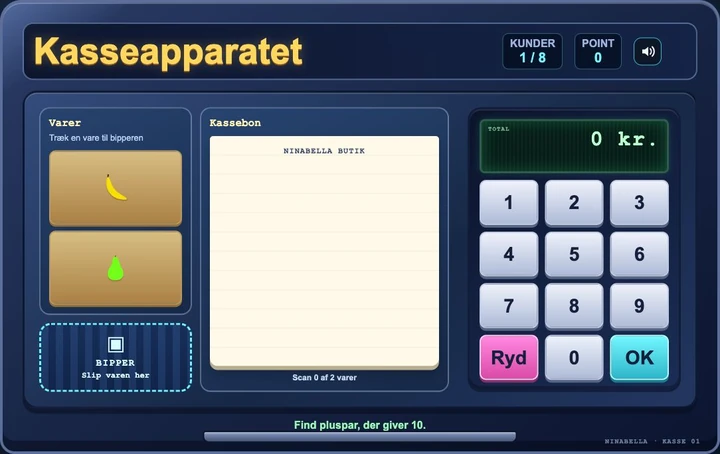 Screenshot fra Kasseapparatet med de nye varemotiver